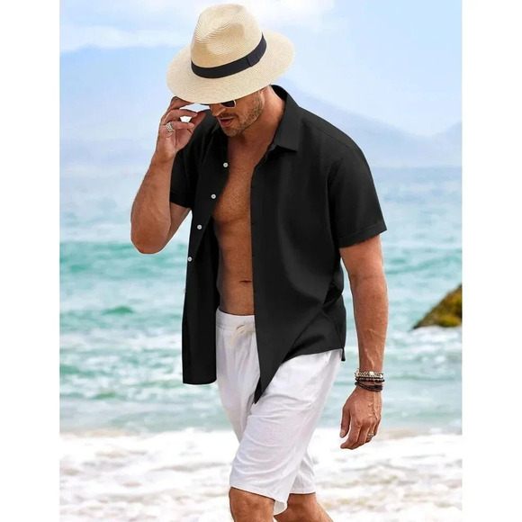 ❤️Men's  Black Shirts Short Sleeve Casual Shirts for Men Beach Summer Shirt - Picture 3 of 6